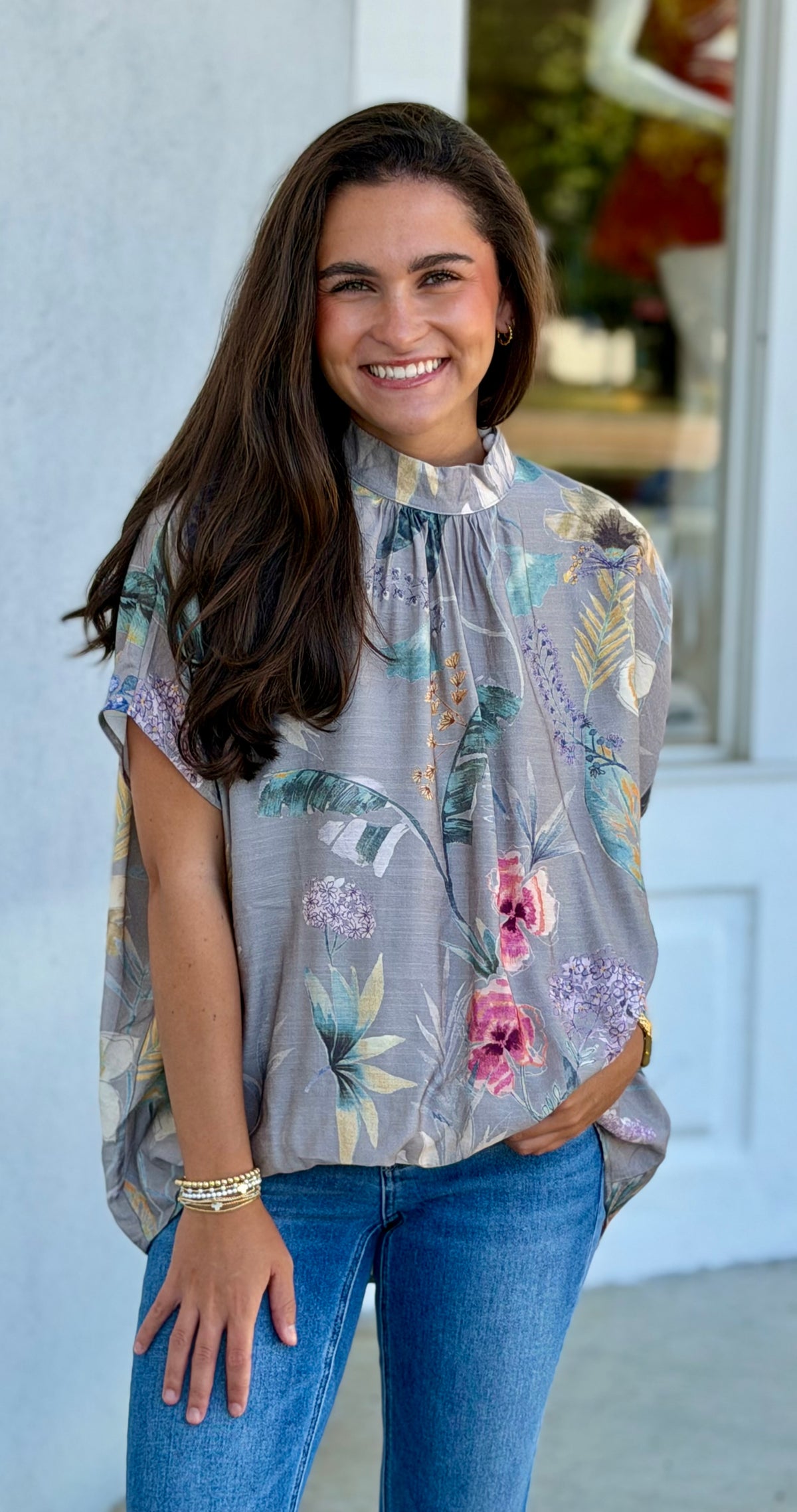 Silver Tropical Floral Mock Neck Blouse