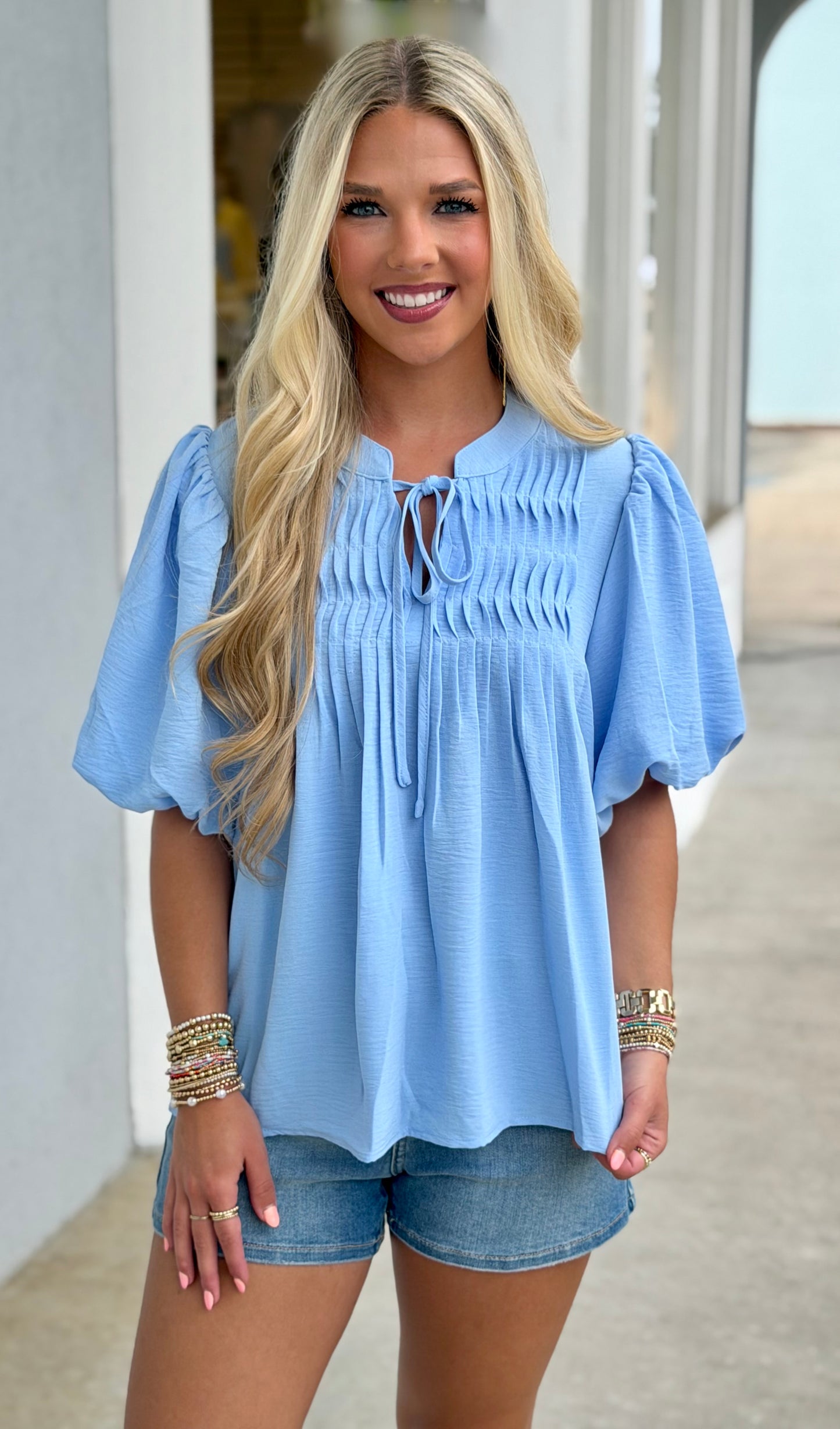 Lt Blue Pintuck Detail With Tie Top