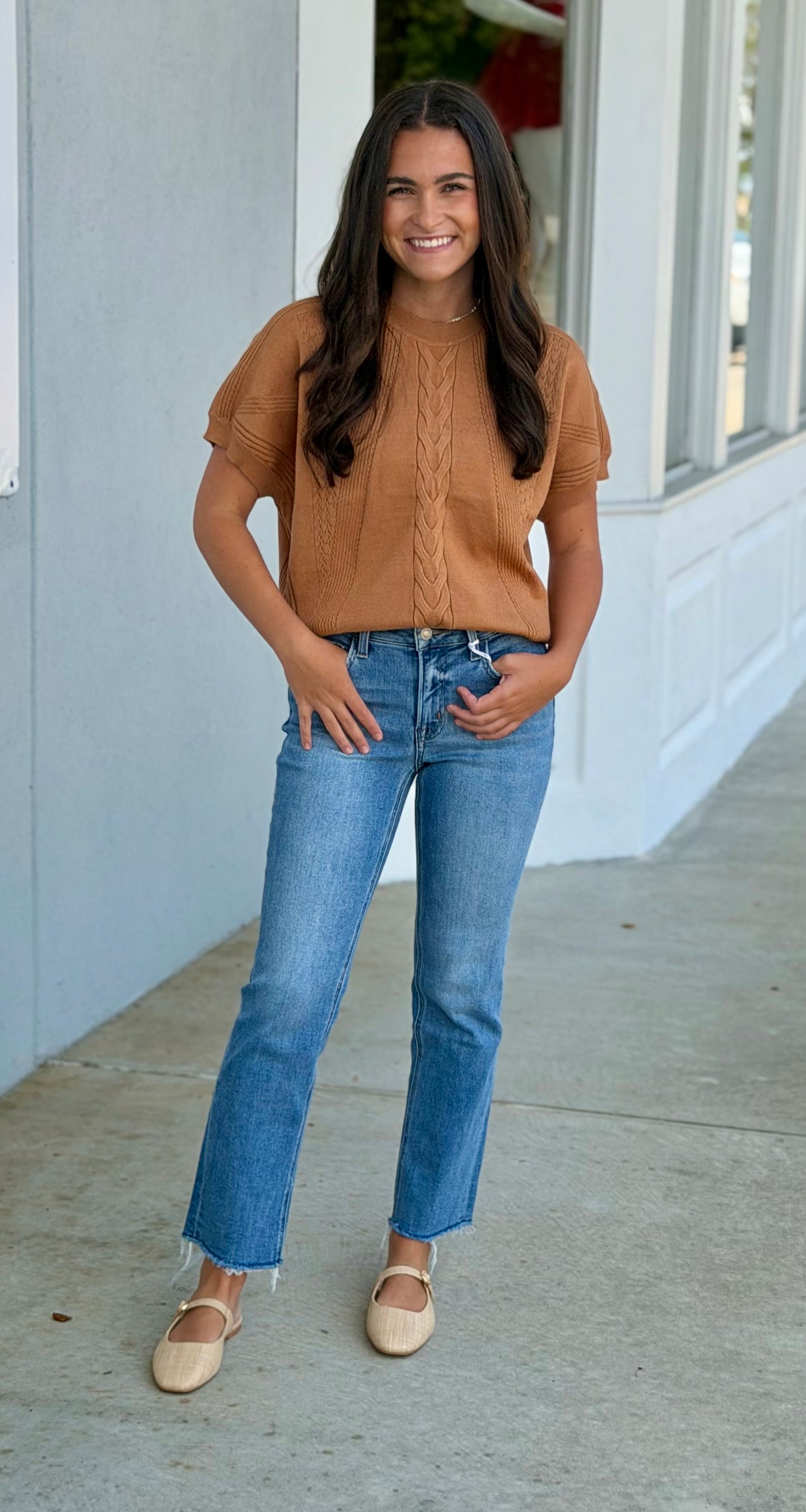 Camel Mixed Knit Short Sleeve Sweater