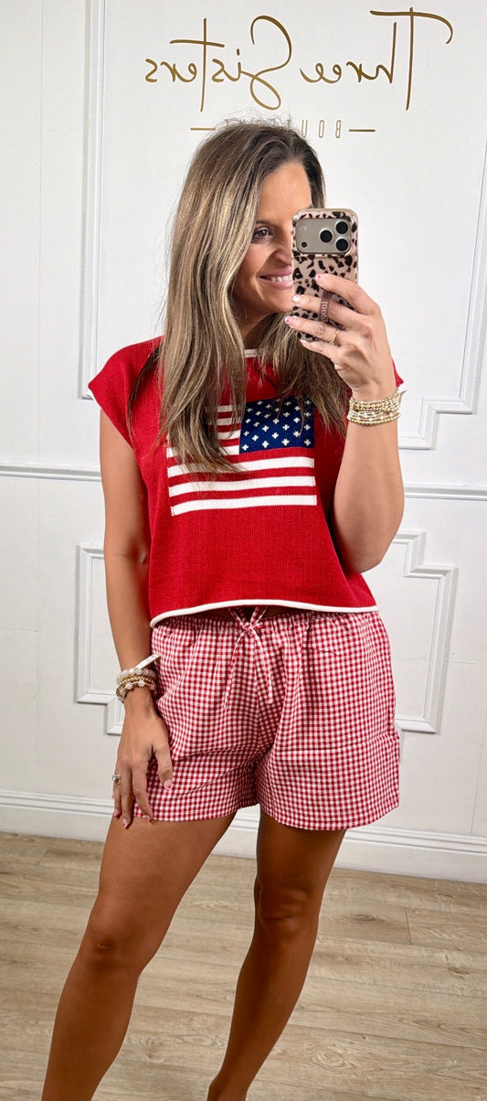 Red Rolled Hem Sleeveless Flag Top