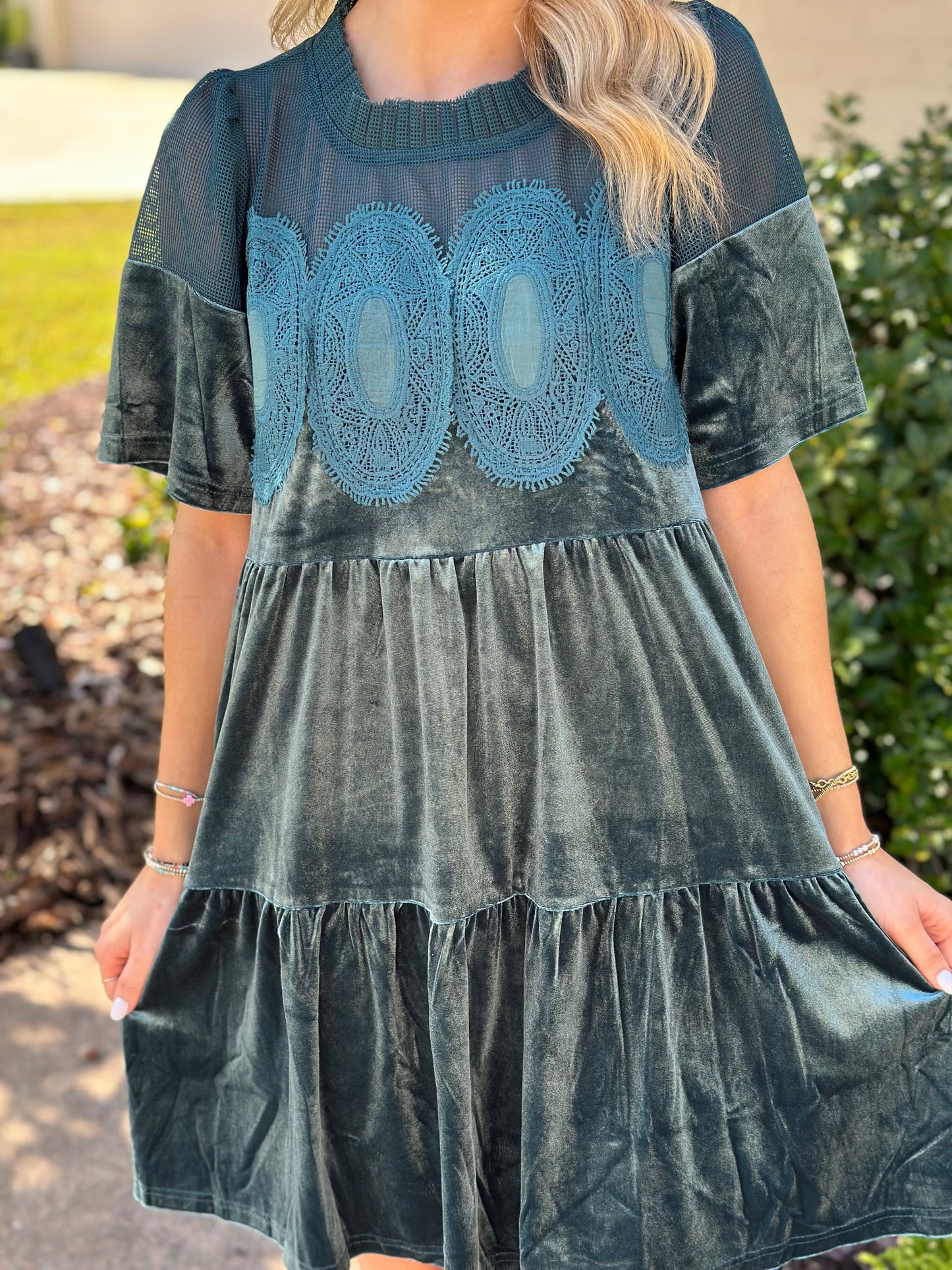 Contrast Sheer Mesh Panel with Lace Dress, Teal Green