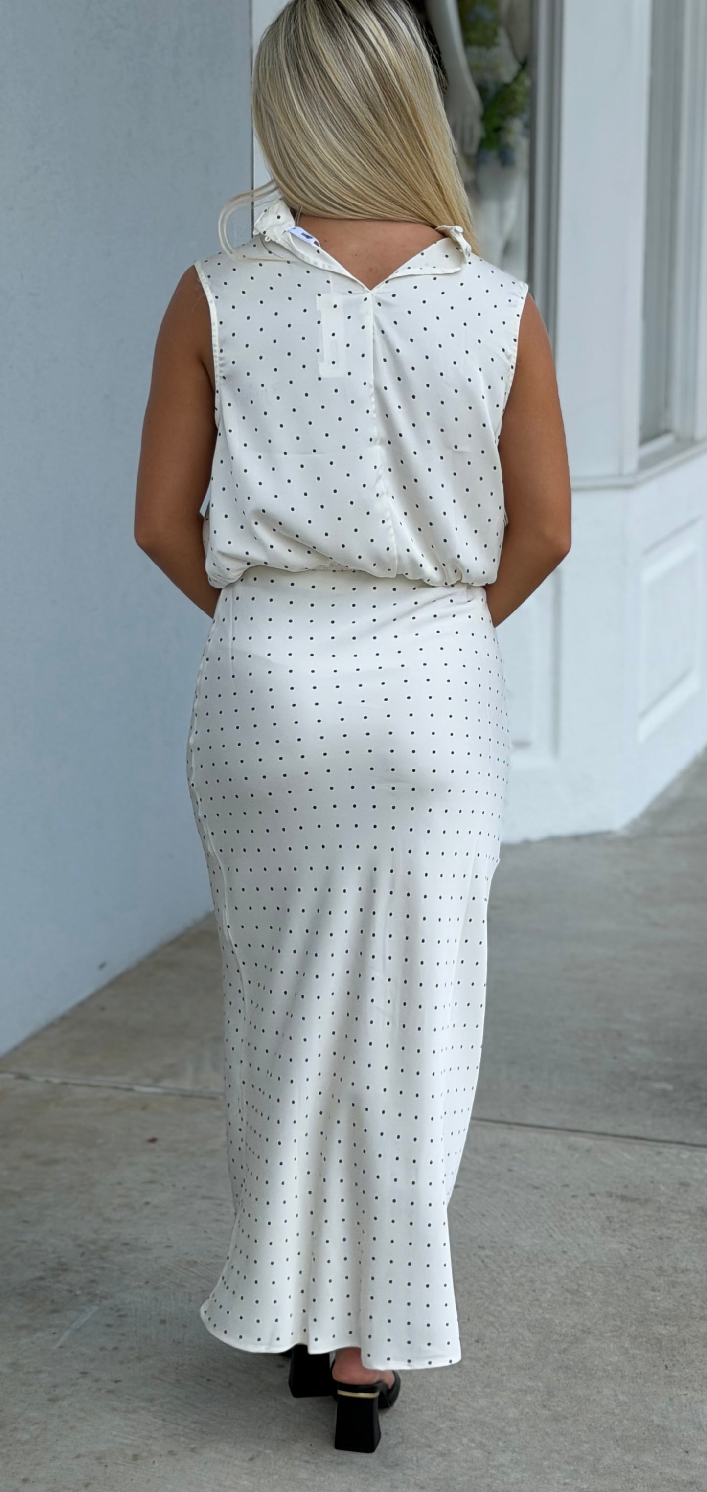 Ivory Dot Elastic Waist Satin Midi Skirt