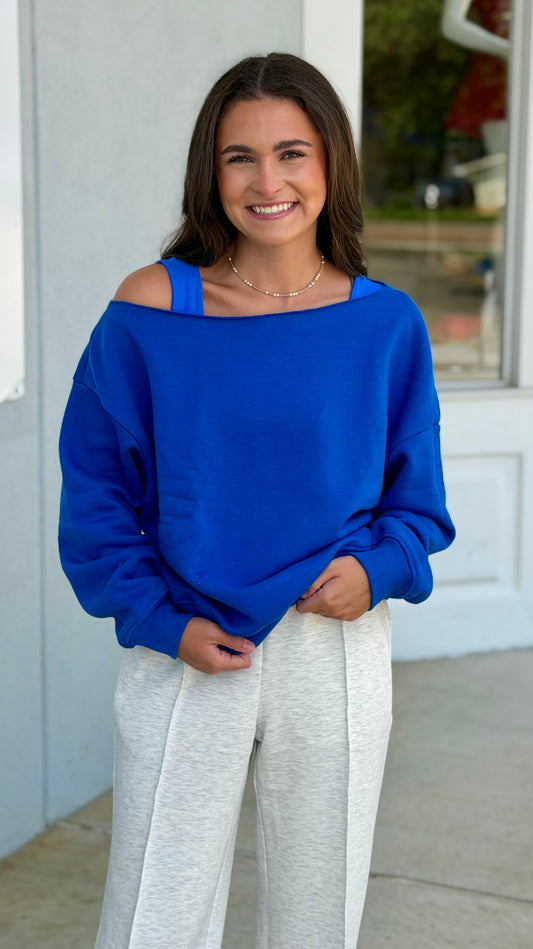 French Terry Fleece Off Shoulder Top, True Blue