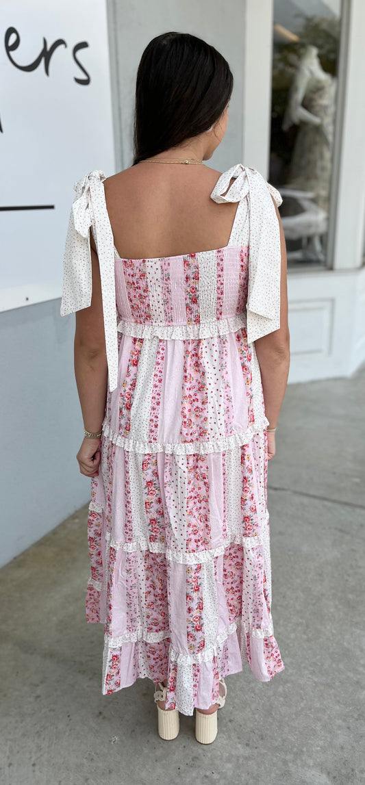 Pink Cotton Poplin Multi Floral Shoulder Tie Maxi