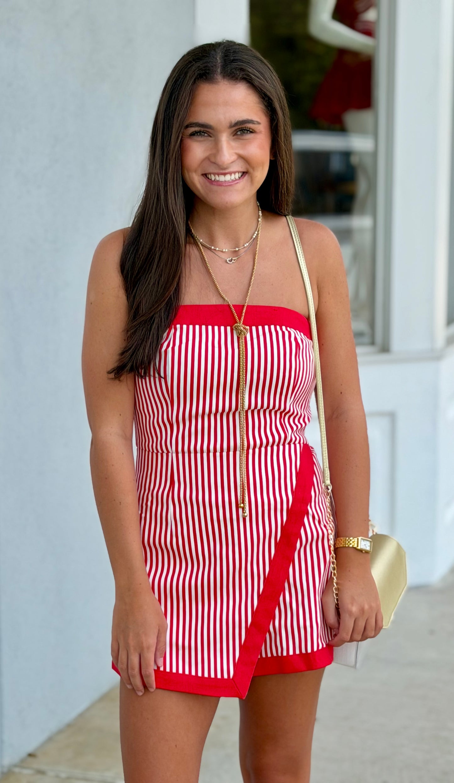 Cotton Denim Stripe Tube Romper, White/Red