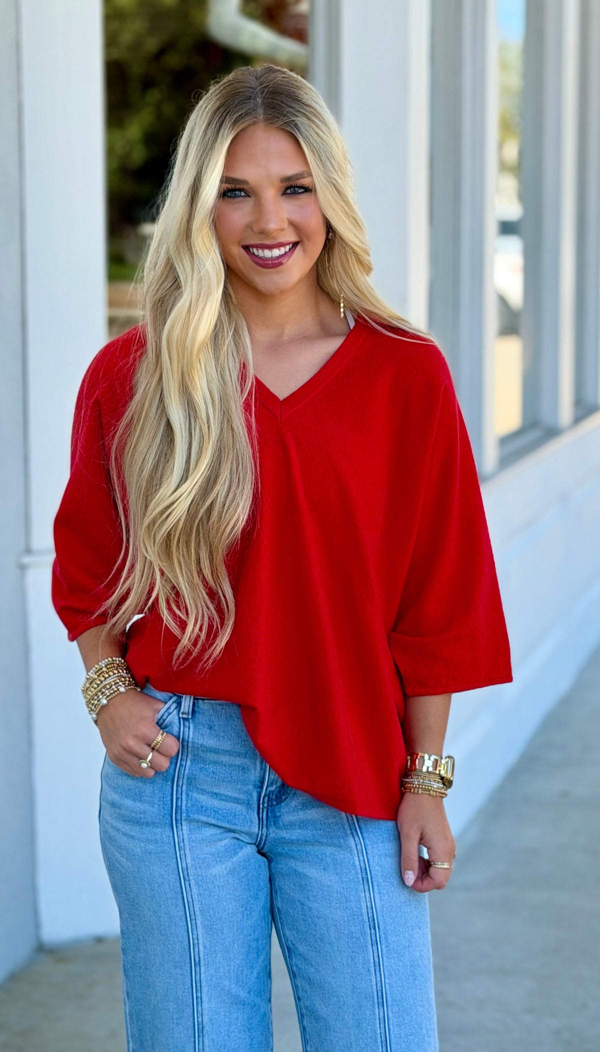 Lightweight V Neck Sweater Top, Red