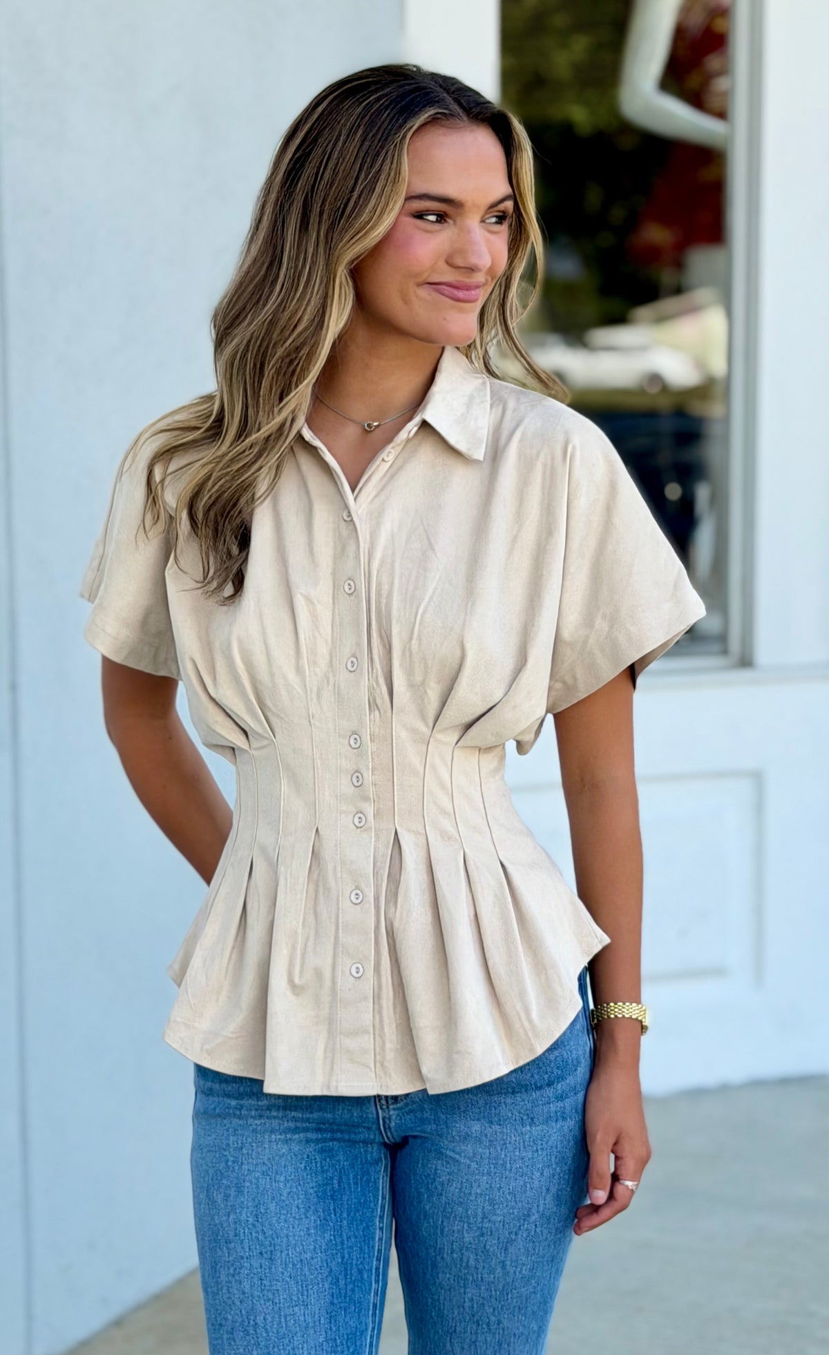 Suede Button Down Blouse, Cream