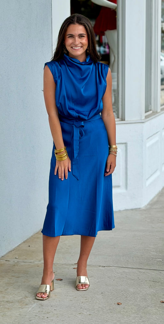 Midi Dress With Cowl Neck, Blue