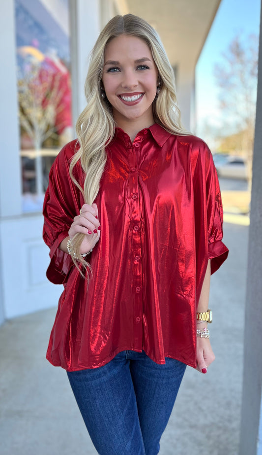 Red Metallic Button Down