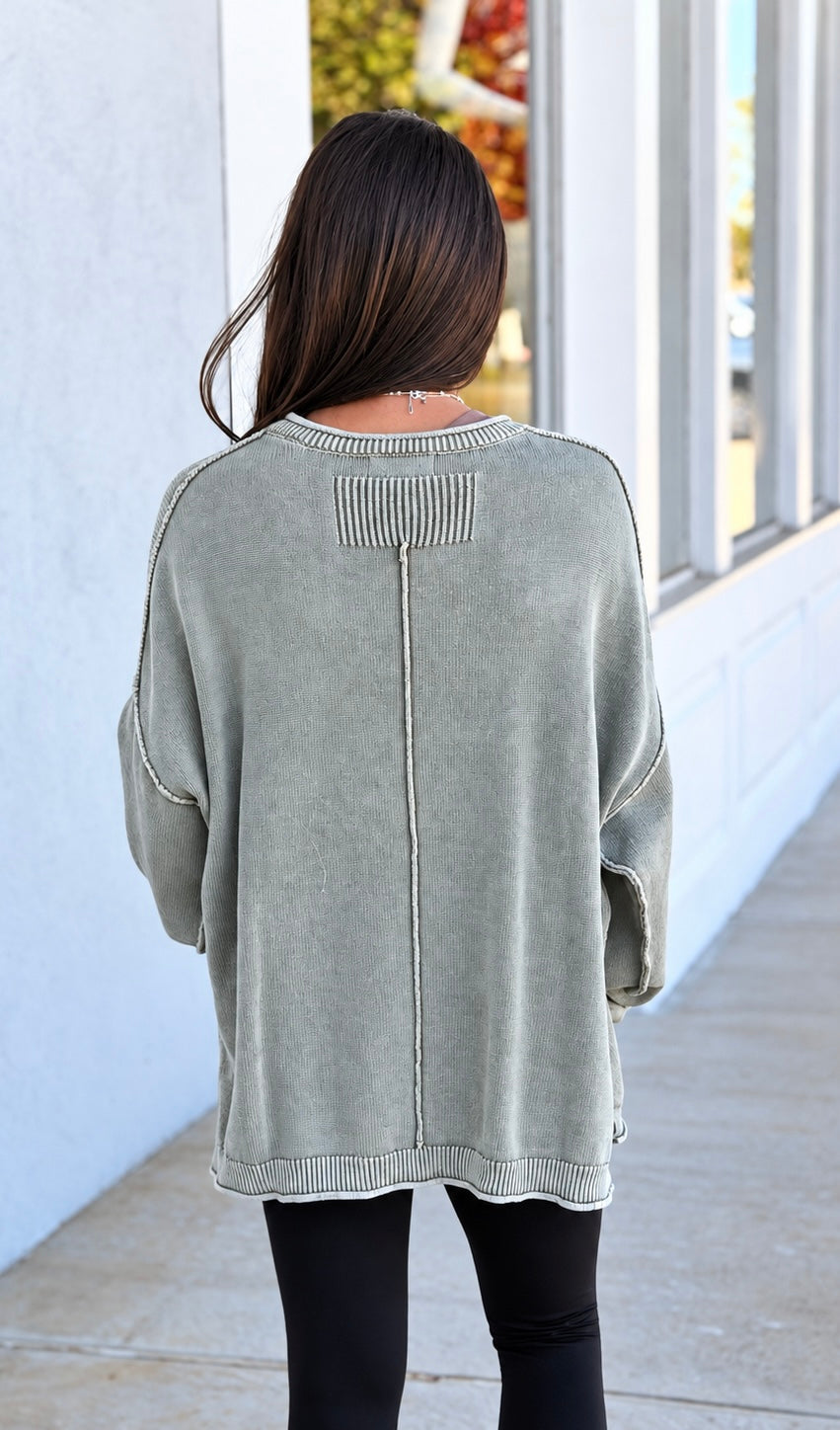 Light Olive Washed Raw Edge Sleeve Sweater
