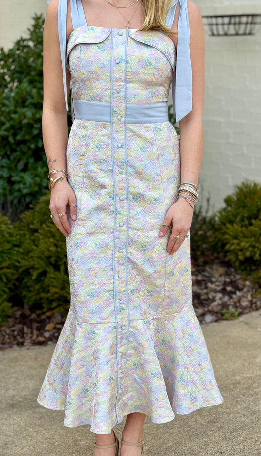 Lt Blue Bow Tied Shoulder Button Up Midi Dress