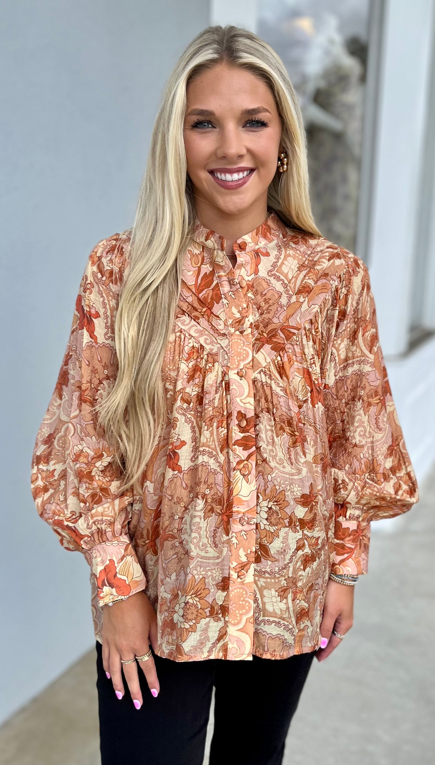 Golden Peach Printed Button Down Shirt