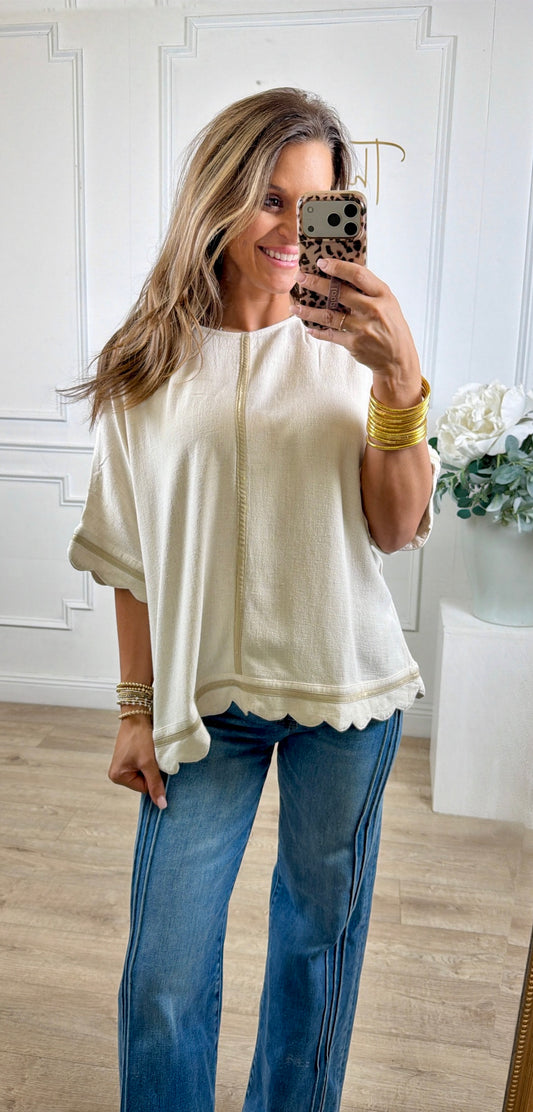 Oatmeal Linen Scallop Top