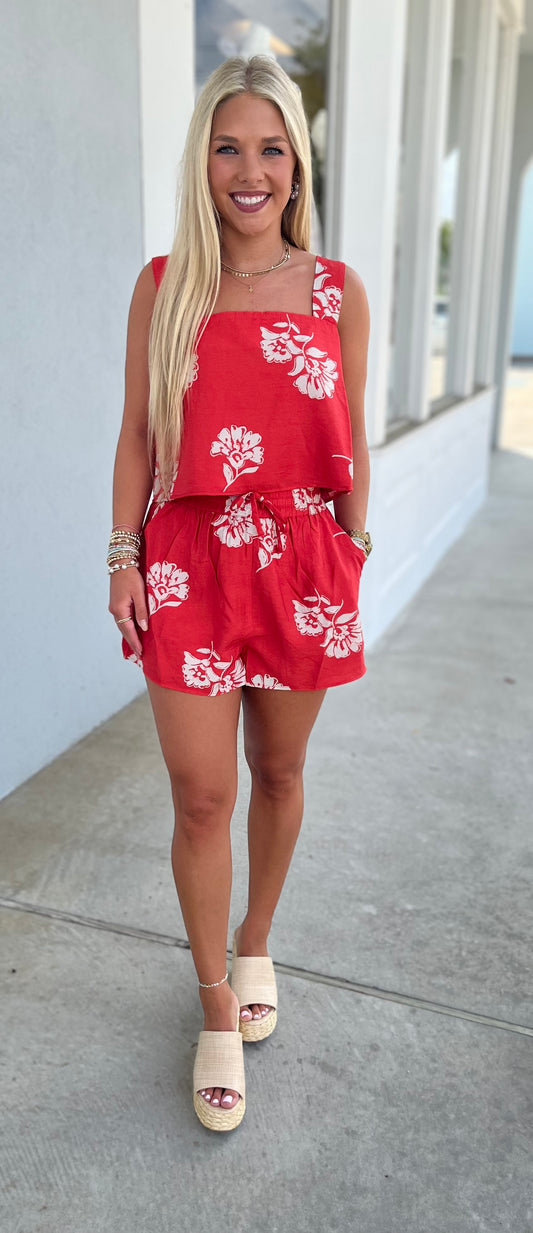 Red Floral Tank Top With Shorts SET