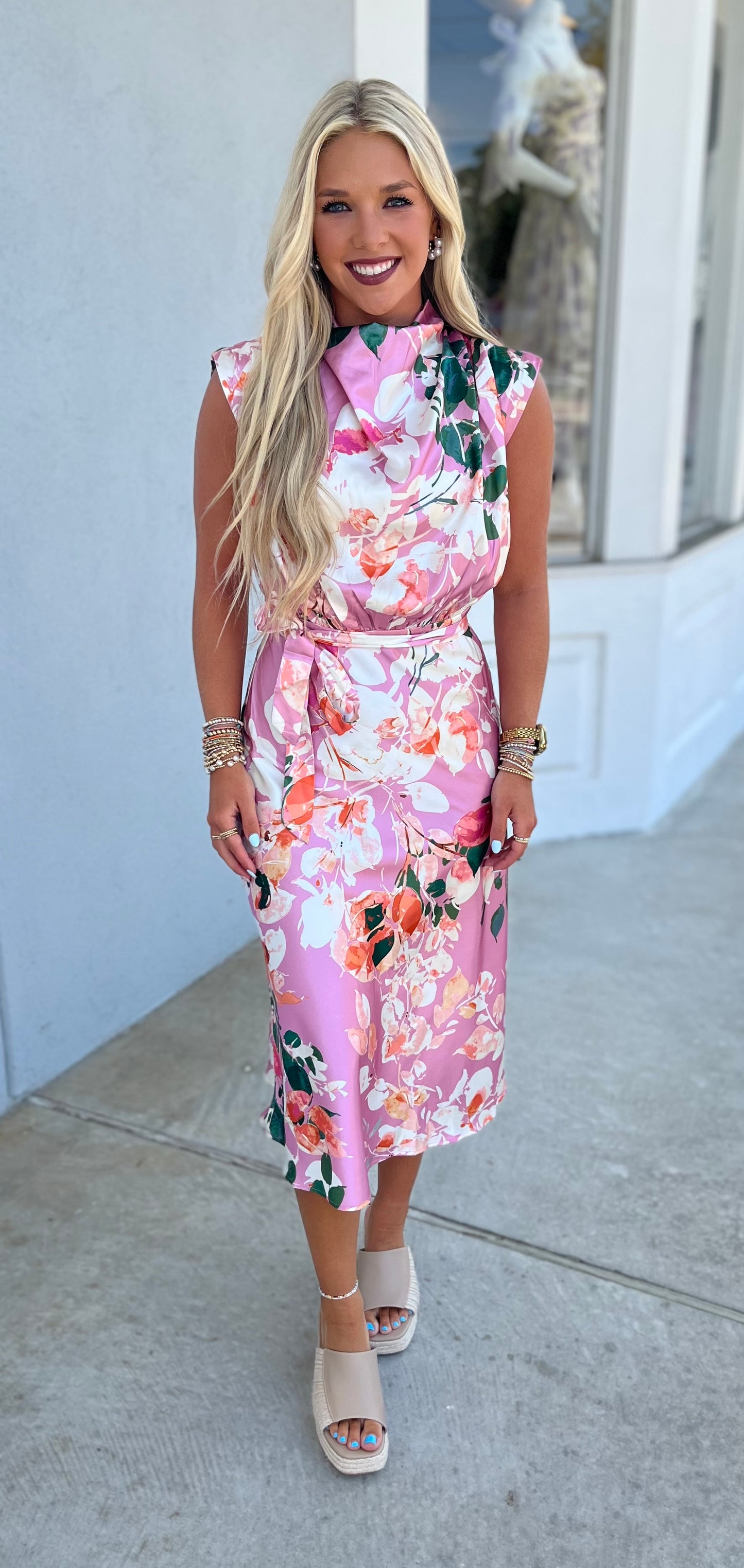 Pink Mock Neck Sleeveless Midi Dress