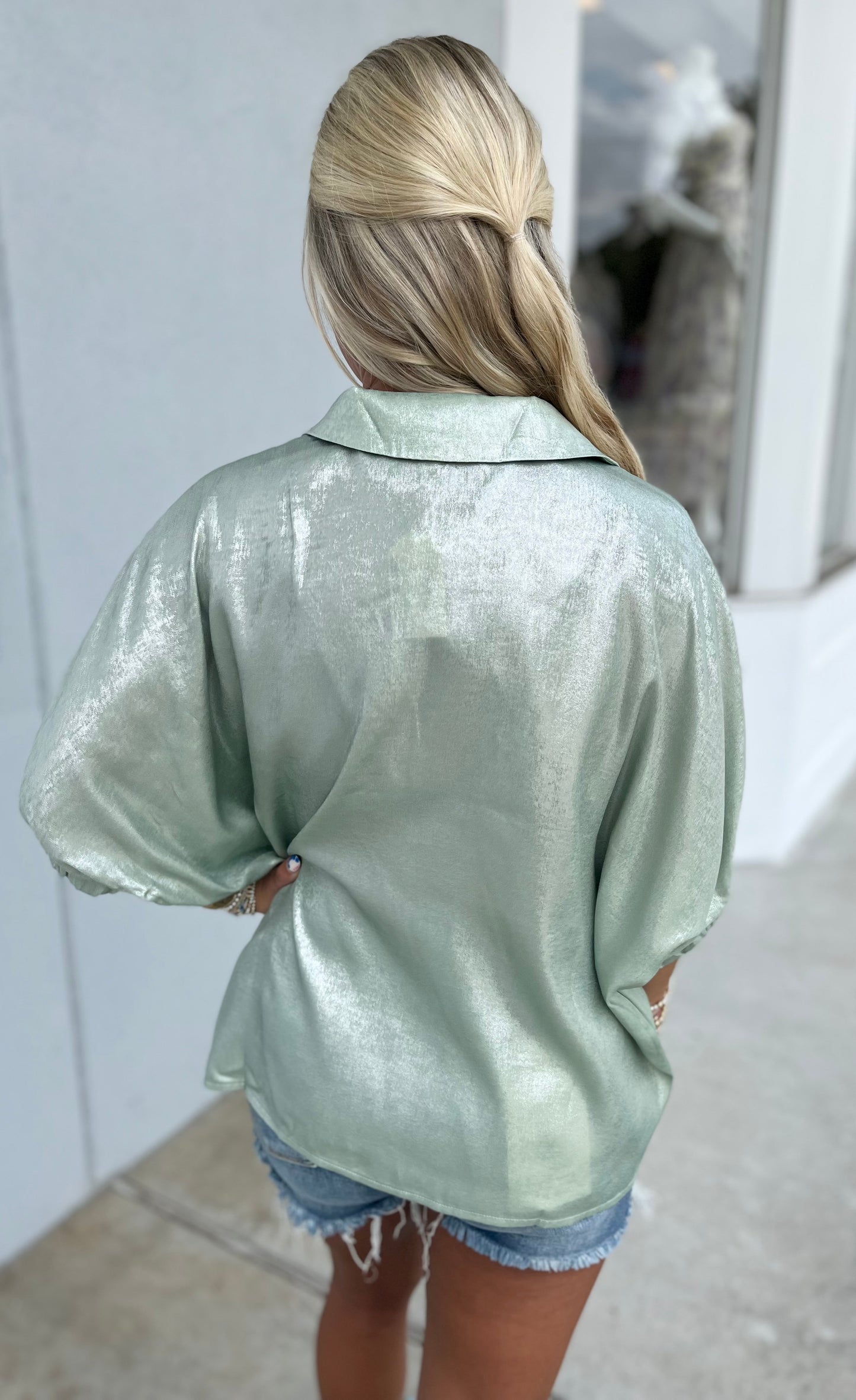 Sage Metallic 1/2 Dolman Sleeve Top