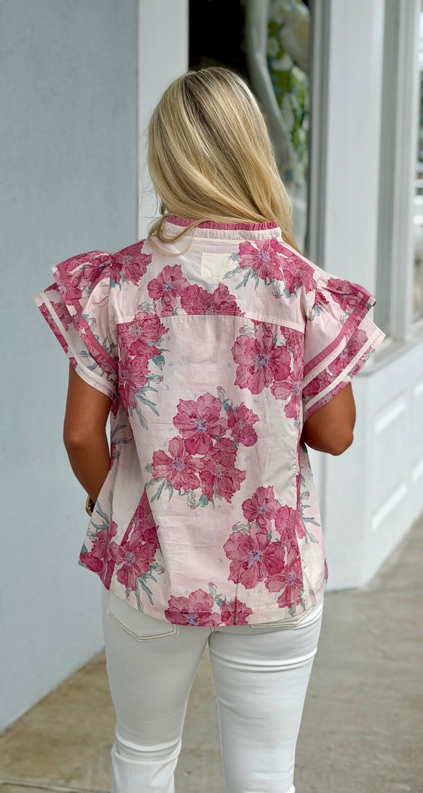 Pink Mix Floral Ruffle Sleeve Blouse