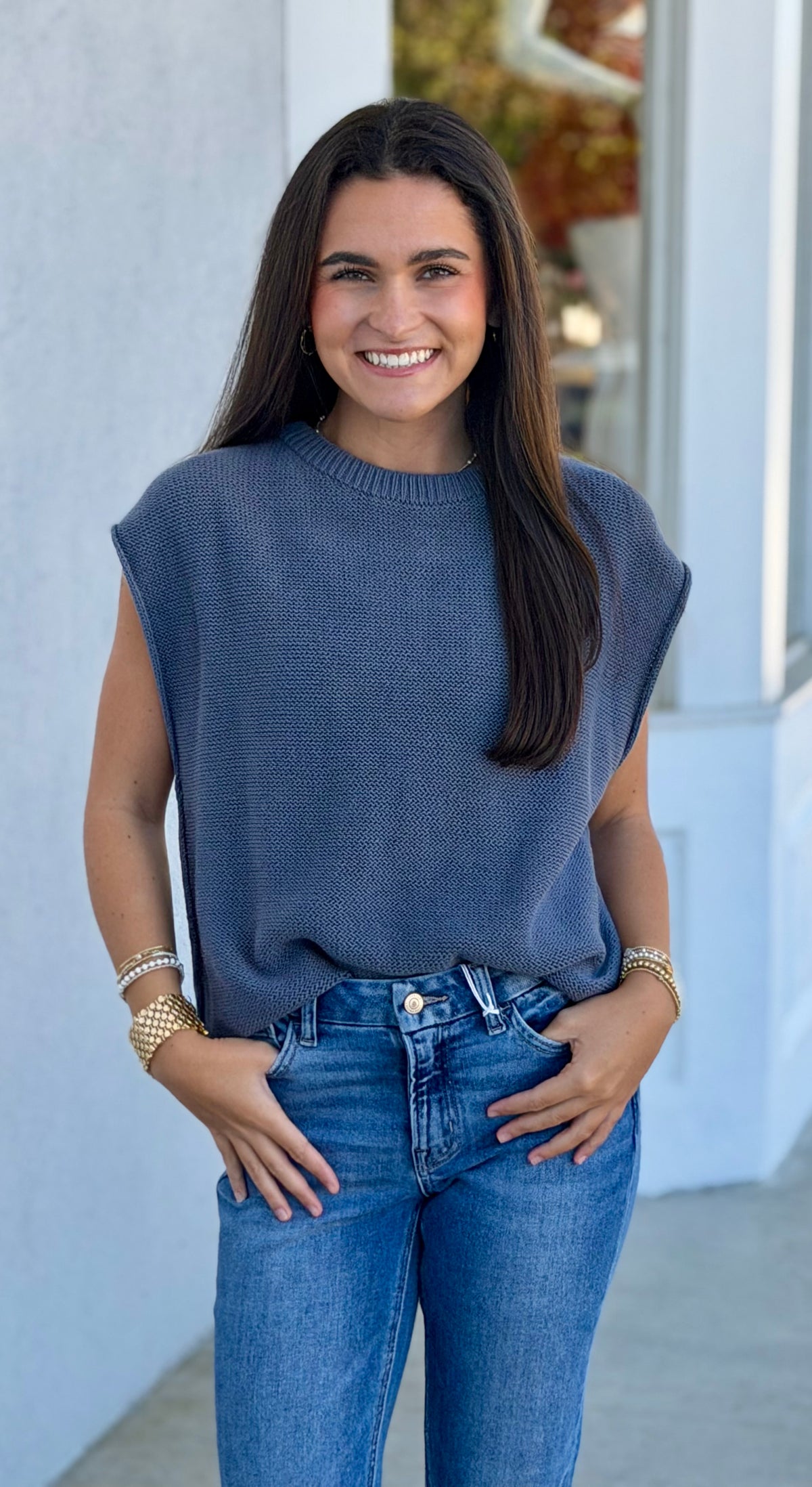 Relaxed Cotton Exposed Seam Sweater Vest , Denim Blue