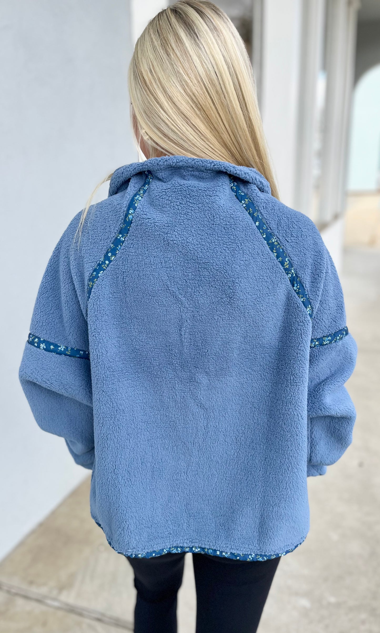 Blue Floral Printed Sherpa Jacket