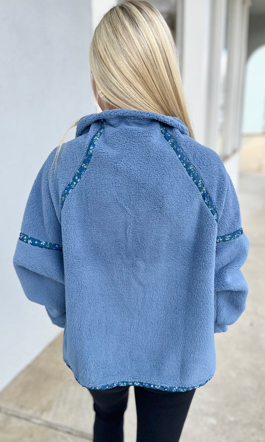 Blue Floral Printed Sherpa Jacket