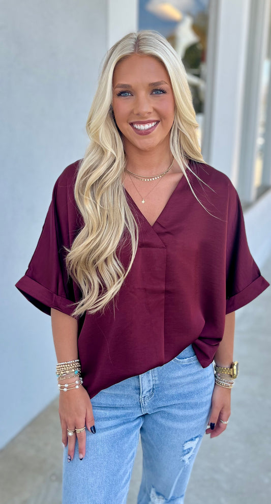 Burgundy V Neck High Low Blouse