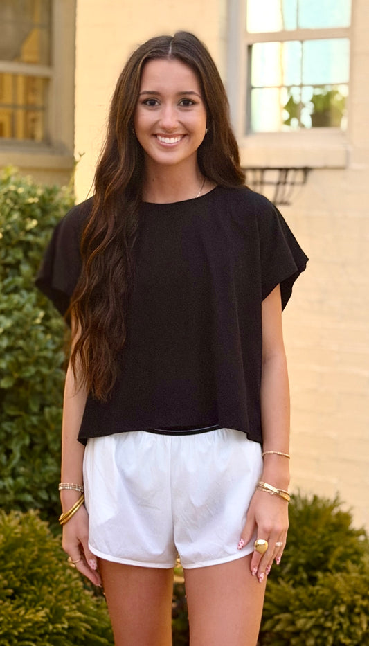 Black Cotton Slub Open Back Top