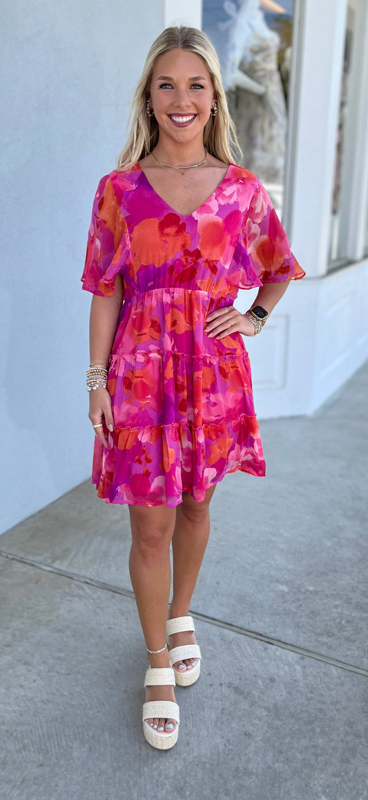 Floral Print Chiffon Bell Sleeve Dress