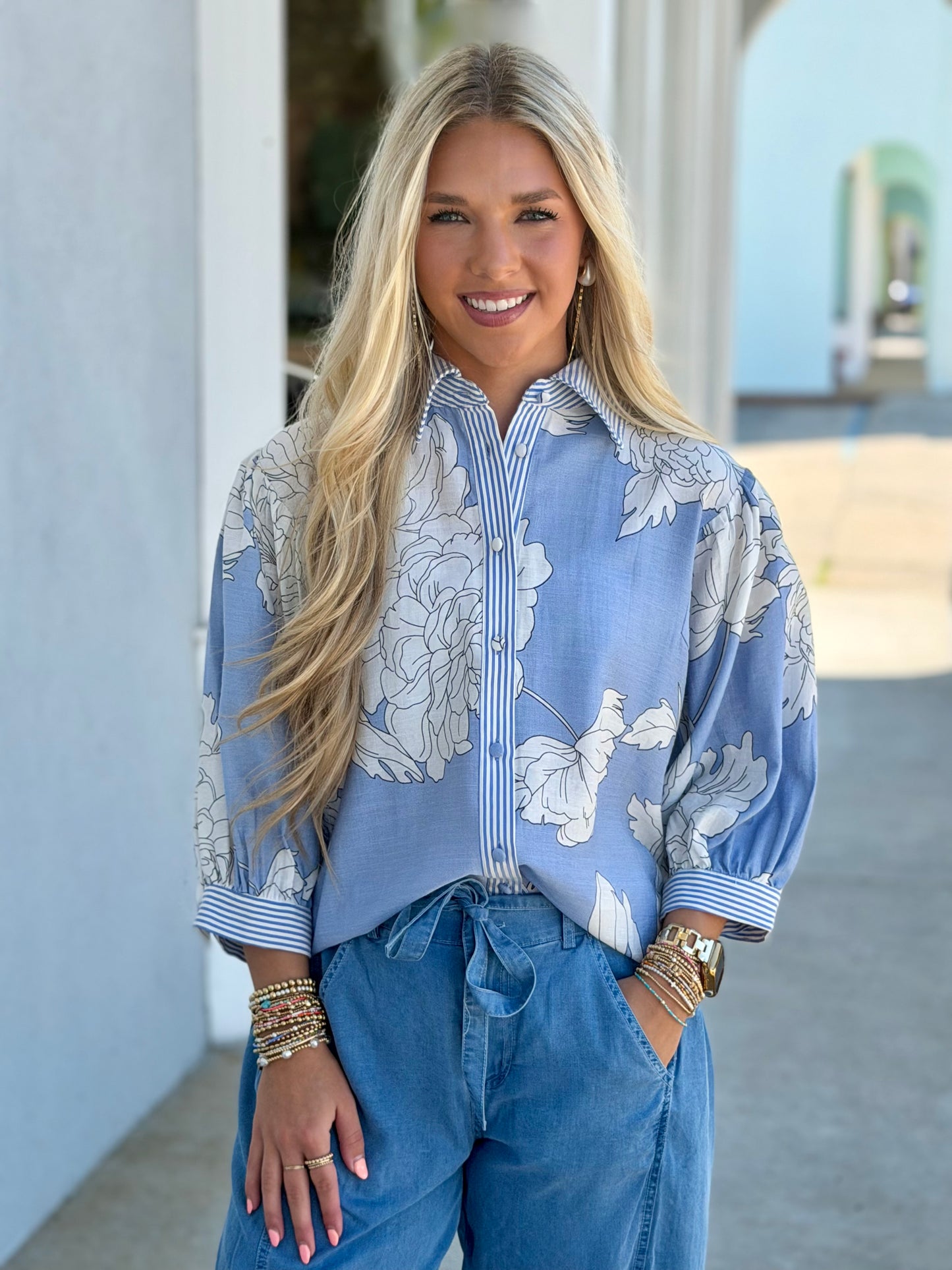 Misty Blue Floral Button Down Top