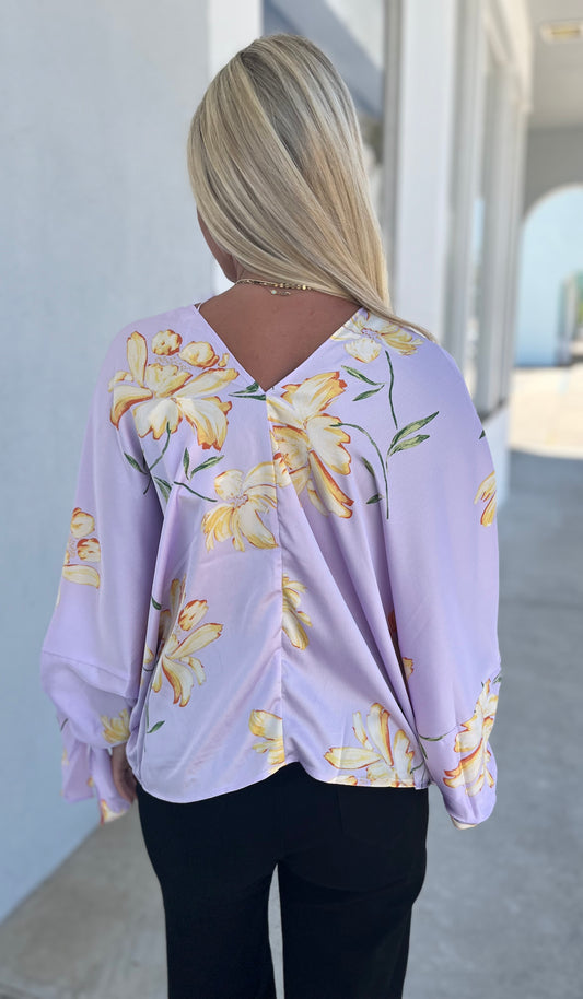Kimono Sleeve Floral Satin Top , Lavender