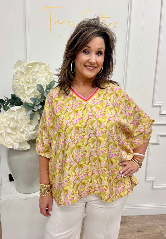 Floral V Neck Contrast Top, Kiwi Mix