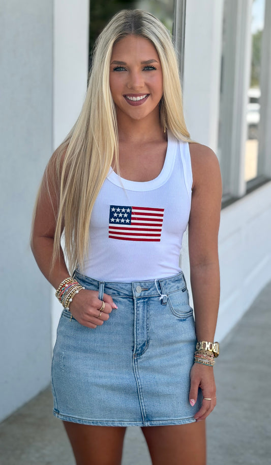 American Flag Scoop Neck Tank, White