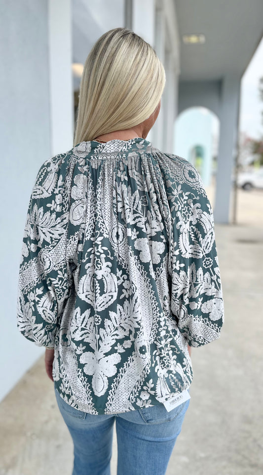 Velvet Printed Top , Sage