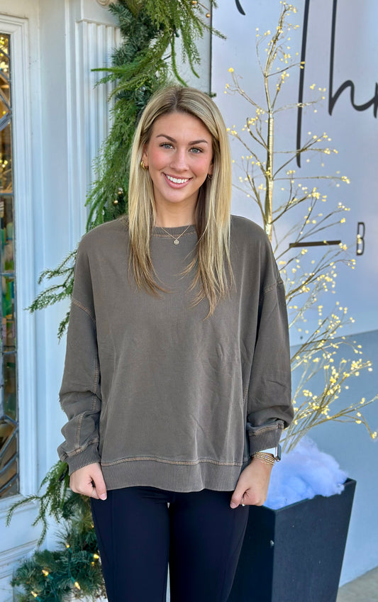 French Terry Wash Pullover, Brown