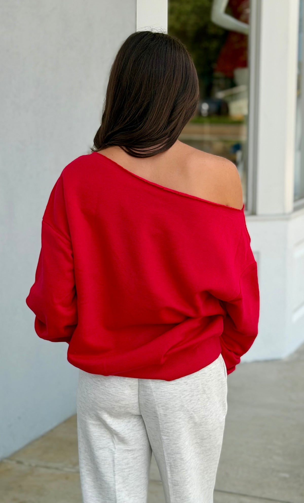 French Terry Fleece Off Shoulder Top, True Red