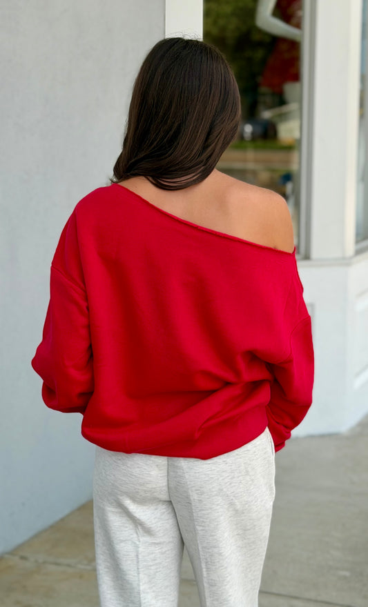 French Terry Fleece Off Shoulder Top, True Red