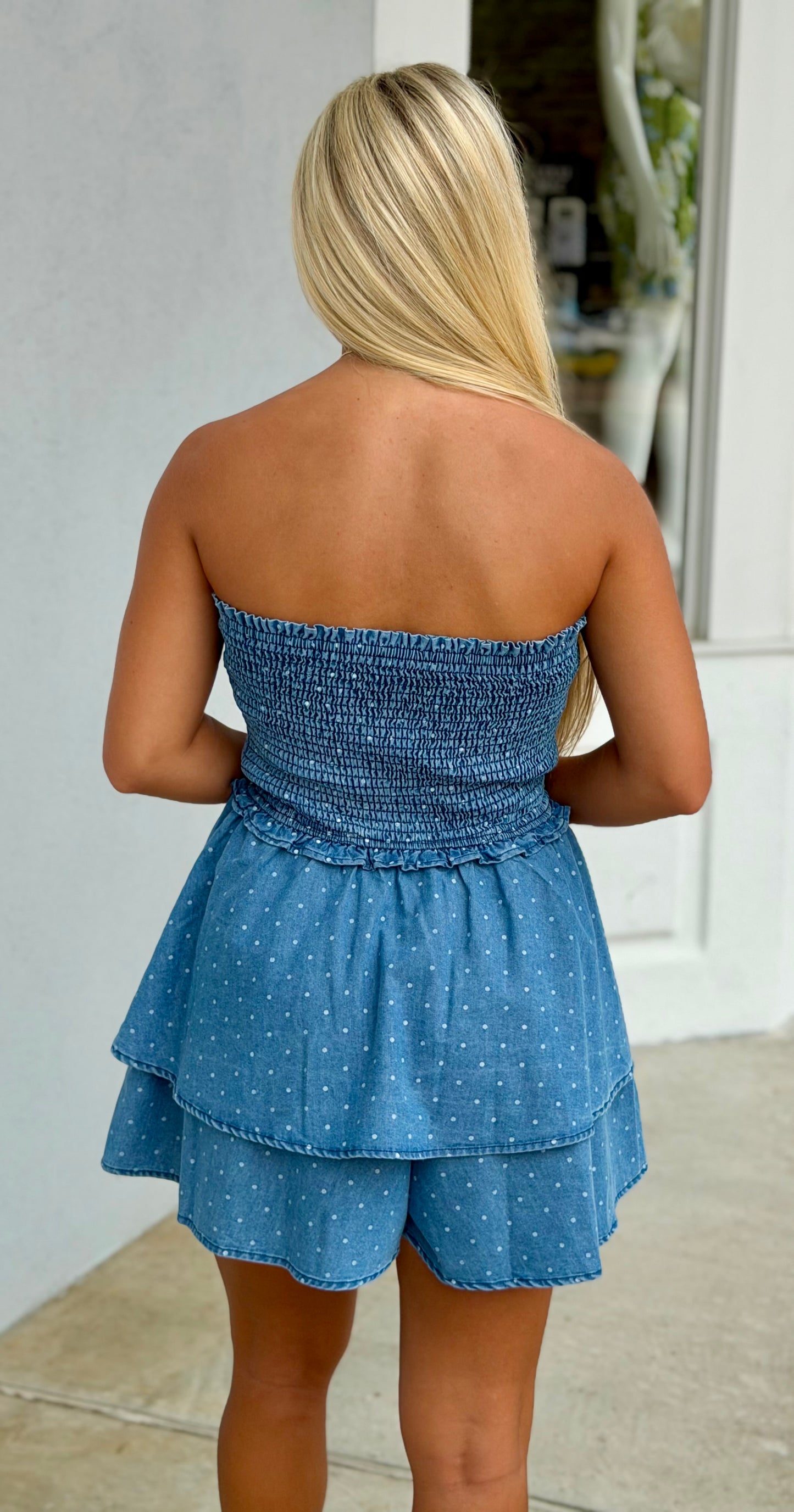Denim Polka Dot Smocked Top Ruffle Romper