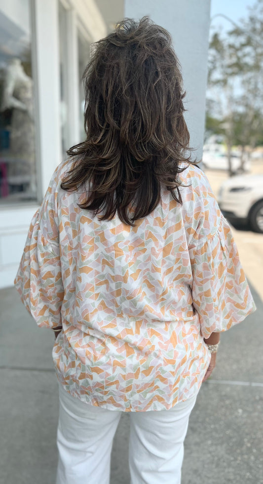 Peach Half Sleeve Collared Button Plus Blouse