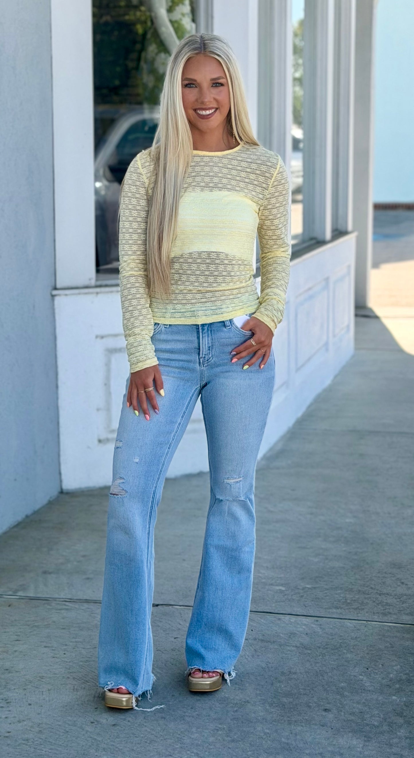 Lace Long Sleeve Top, Yellow