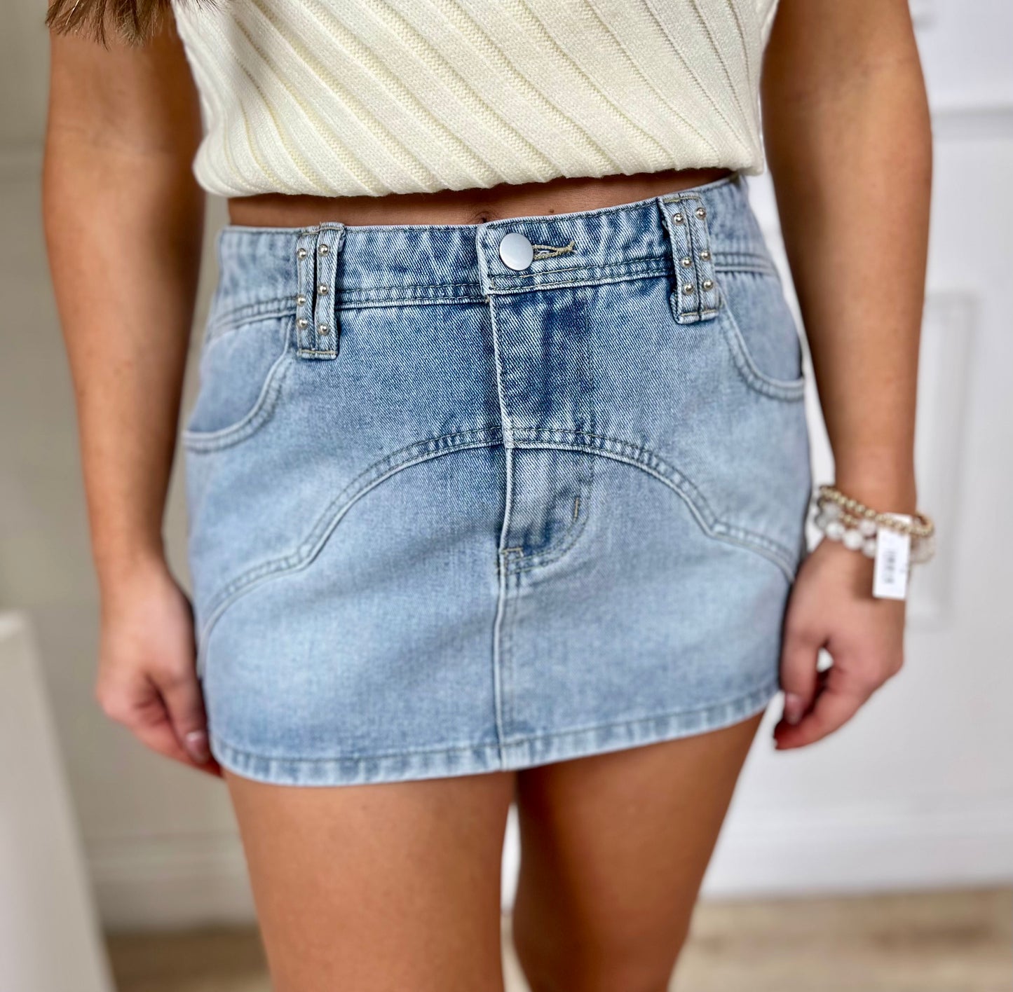 Denim Low Rise Skirt With Stud Detail