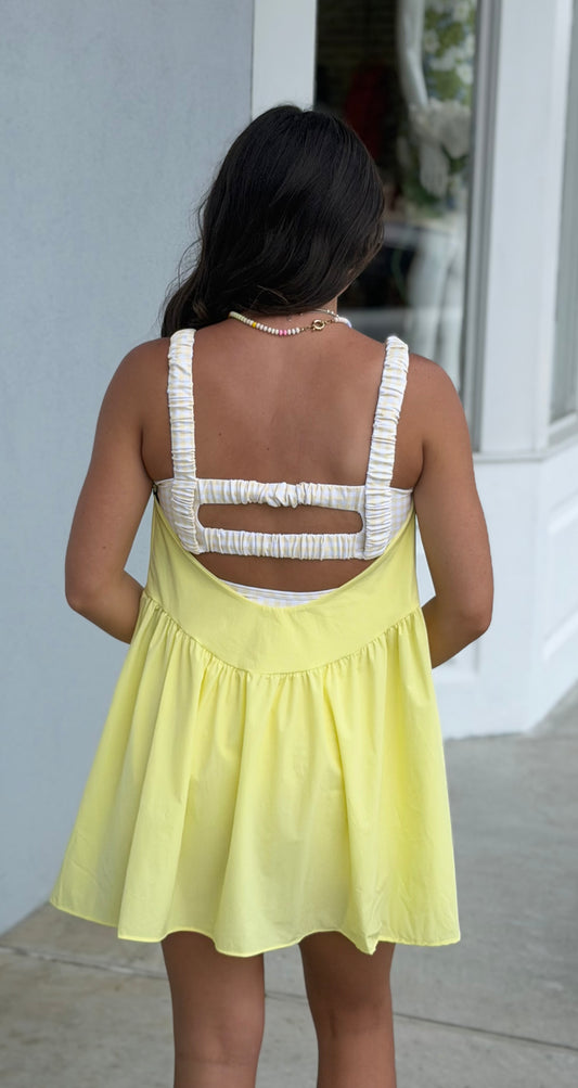 Gingham Printed Athletic Dress W Shorts, Lemon