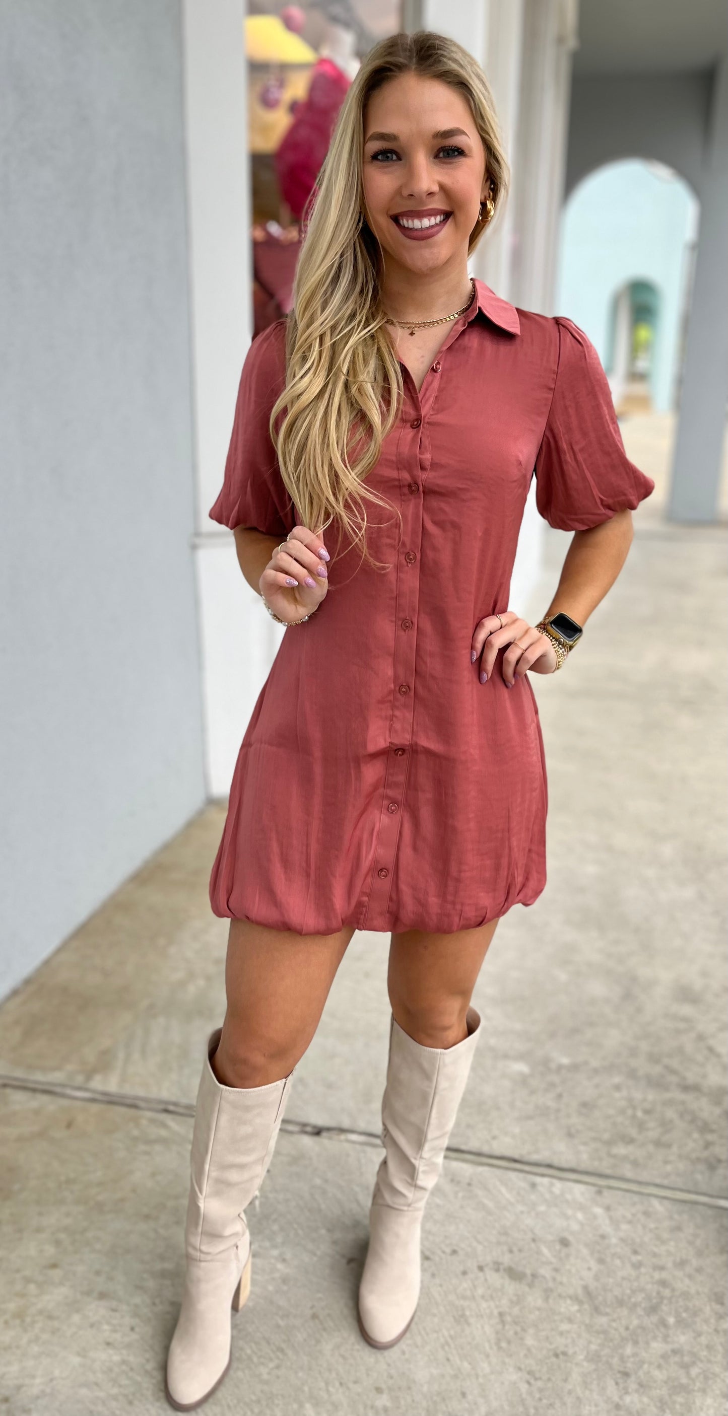 Canyon Rose Bubble Sleeve Hem Dress