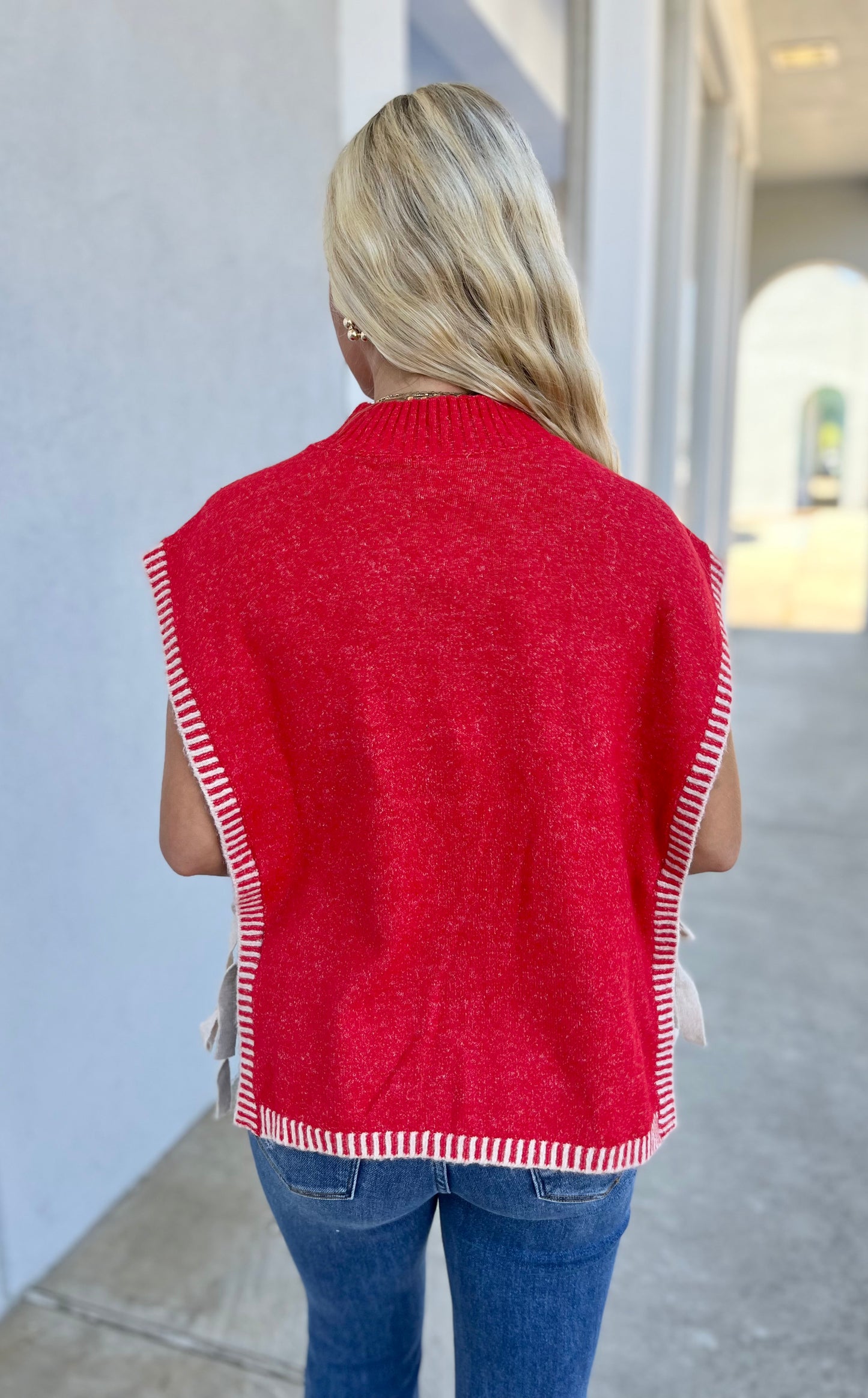 Side Tie Knit Sweater Vest, Red
