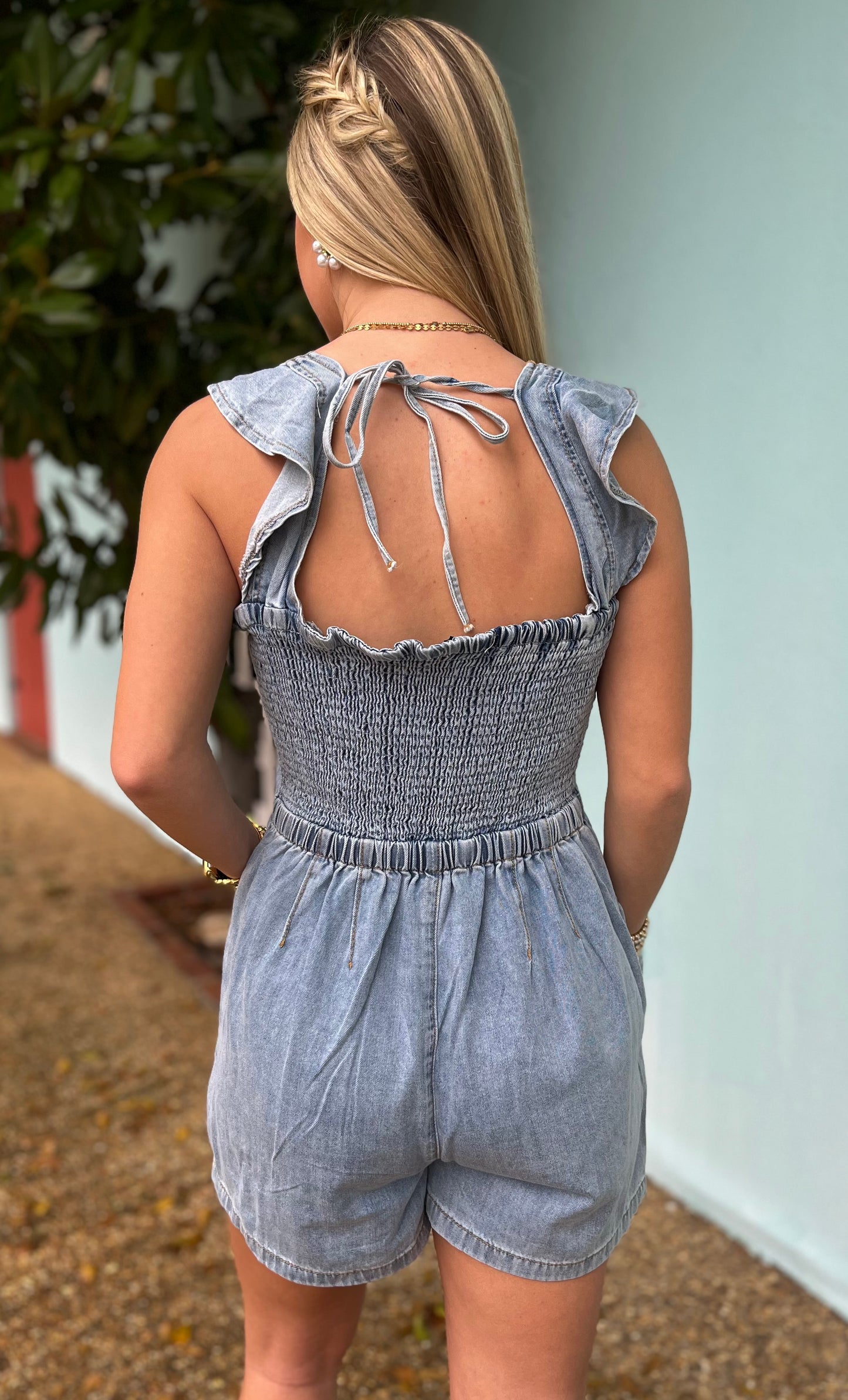 Denim Ruffle Sleeve Romper