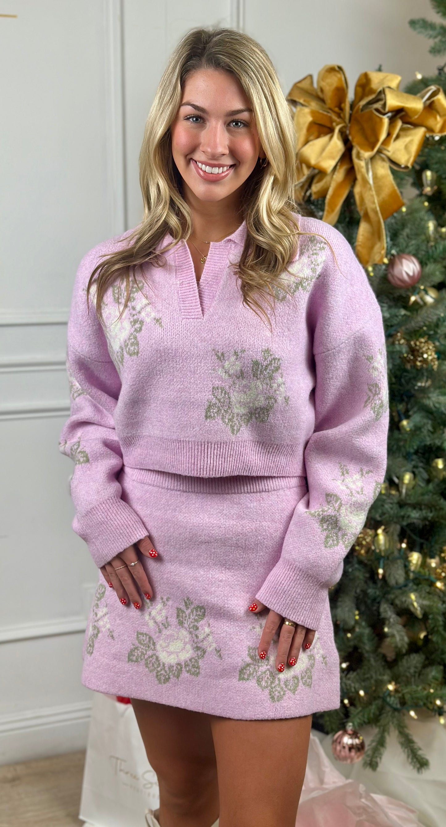 Pink Floral Knit Top and Skirt Set