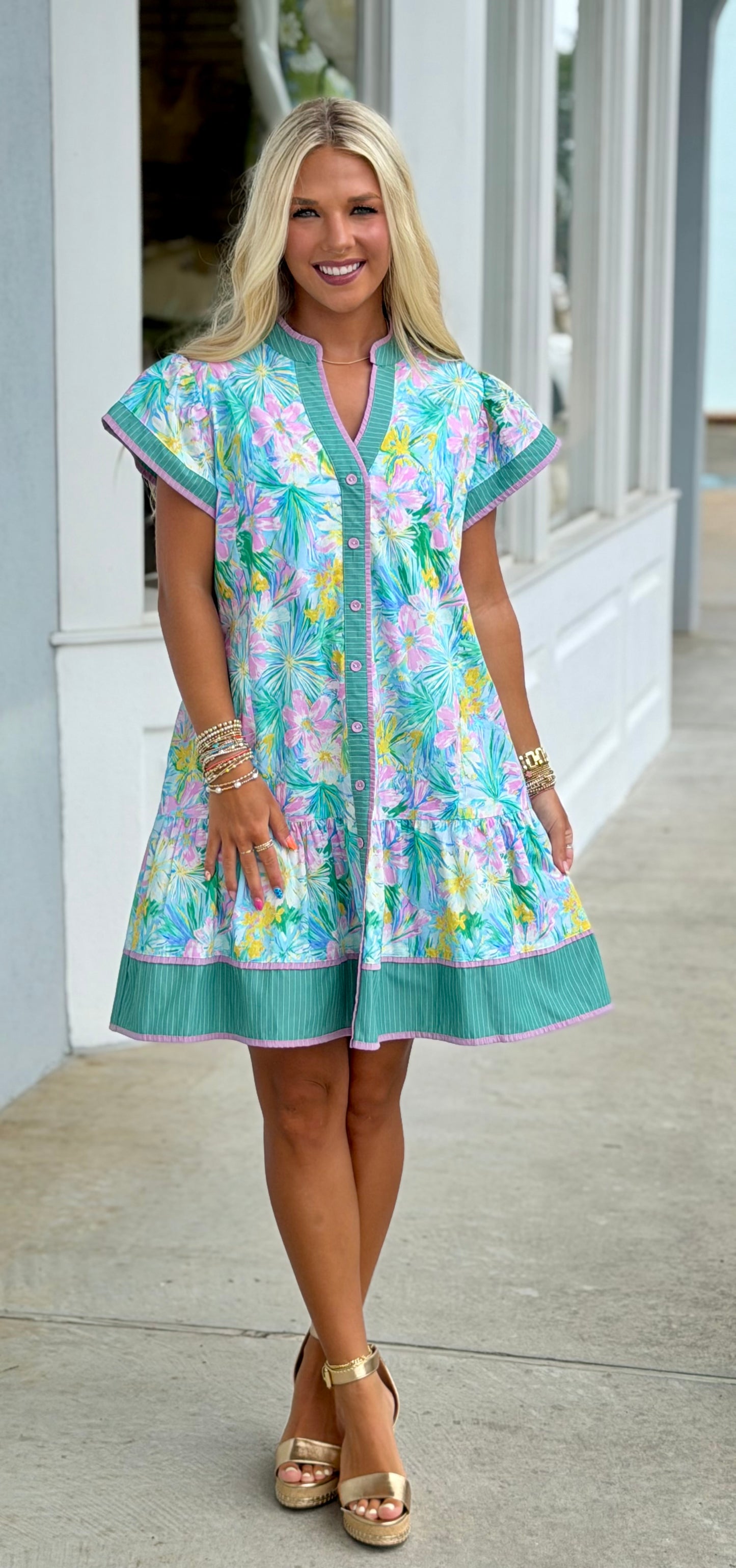 Mint Blue Tropical Button Front Dress