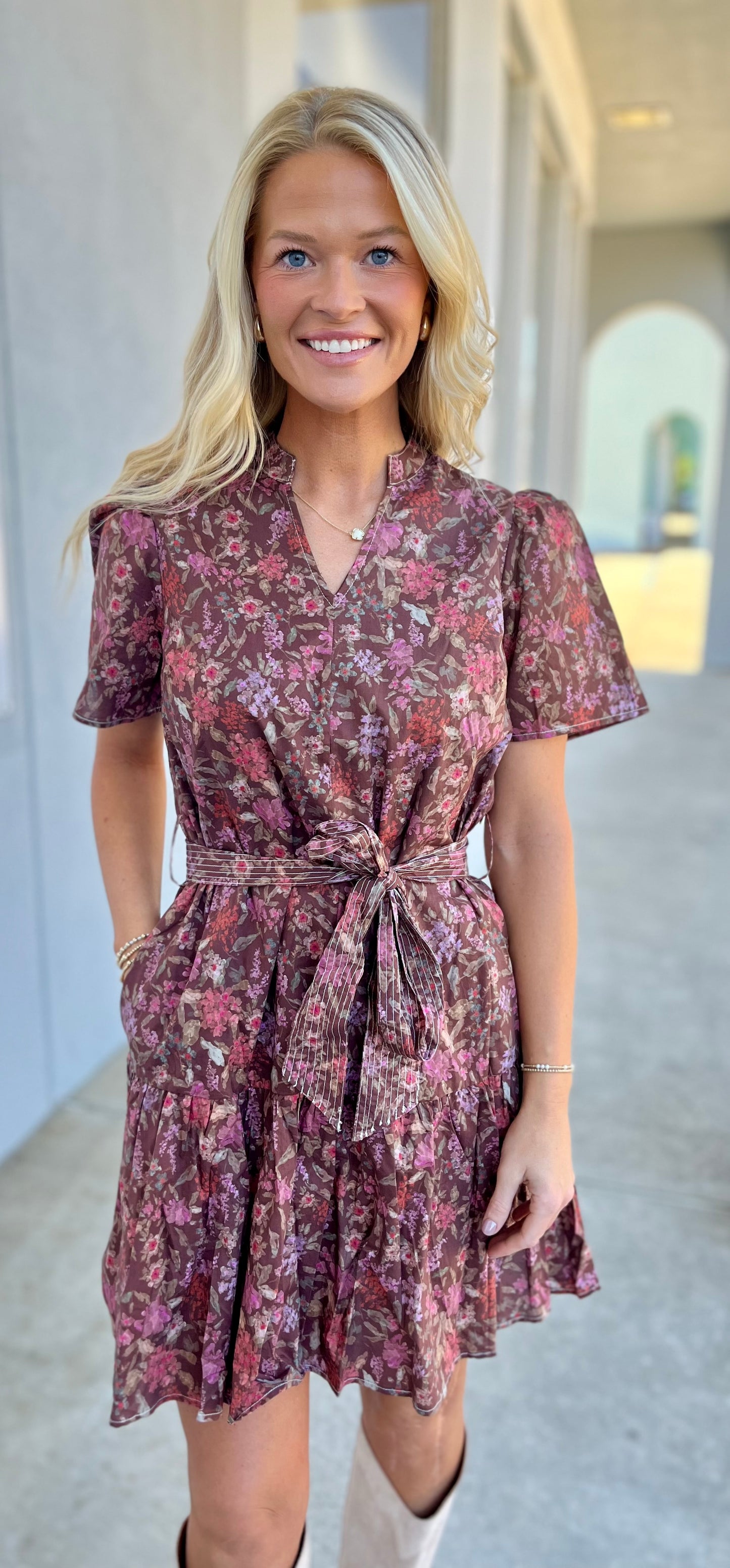 Brown Floral Print Waist Tie  V Neck Dress