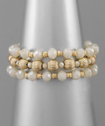 3 Row Glass & Metal Bead Bracelet- Natural