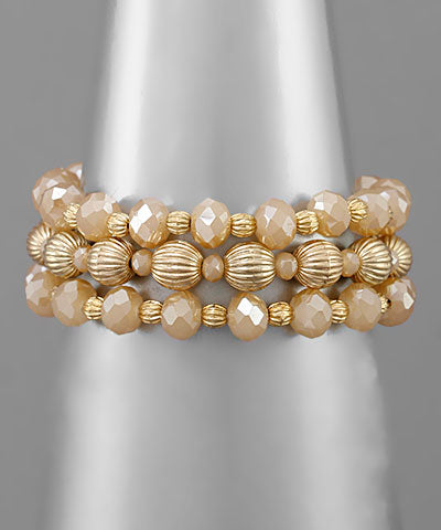 3 Row Glass & Metal Bead Bracelet- Champagne