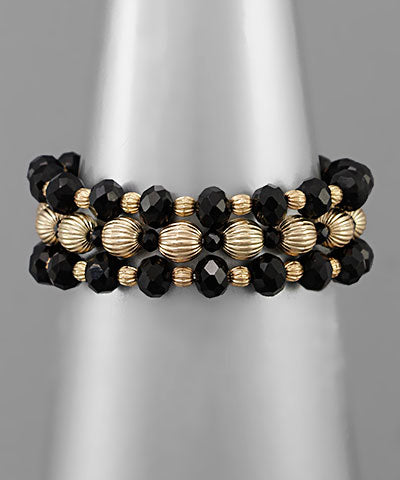 3 Row Glass & Metal Bead Bracelet- Black