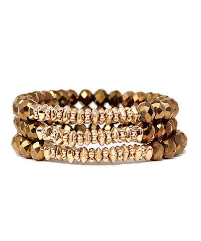 3 Row Glass & Metal Beads Bracelet- Bronze